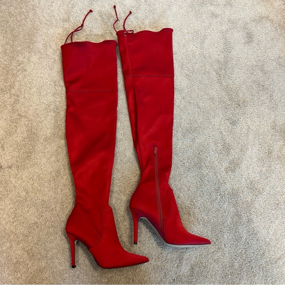 Aldo red satin stiletto thigh high over the knee high heel boots Sz 7